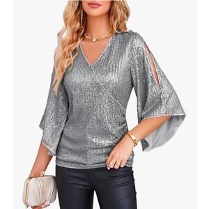 GRACE KARIN Sequin Tops 3/4 Sleeve Dressy Blouse Shirts size M